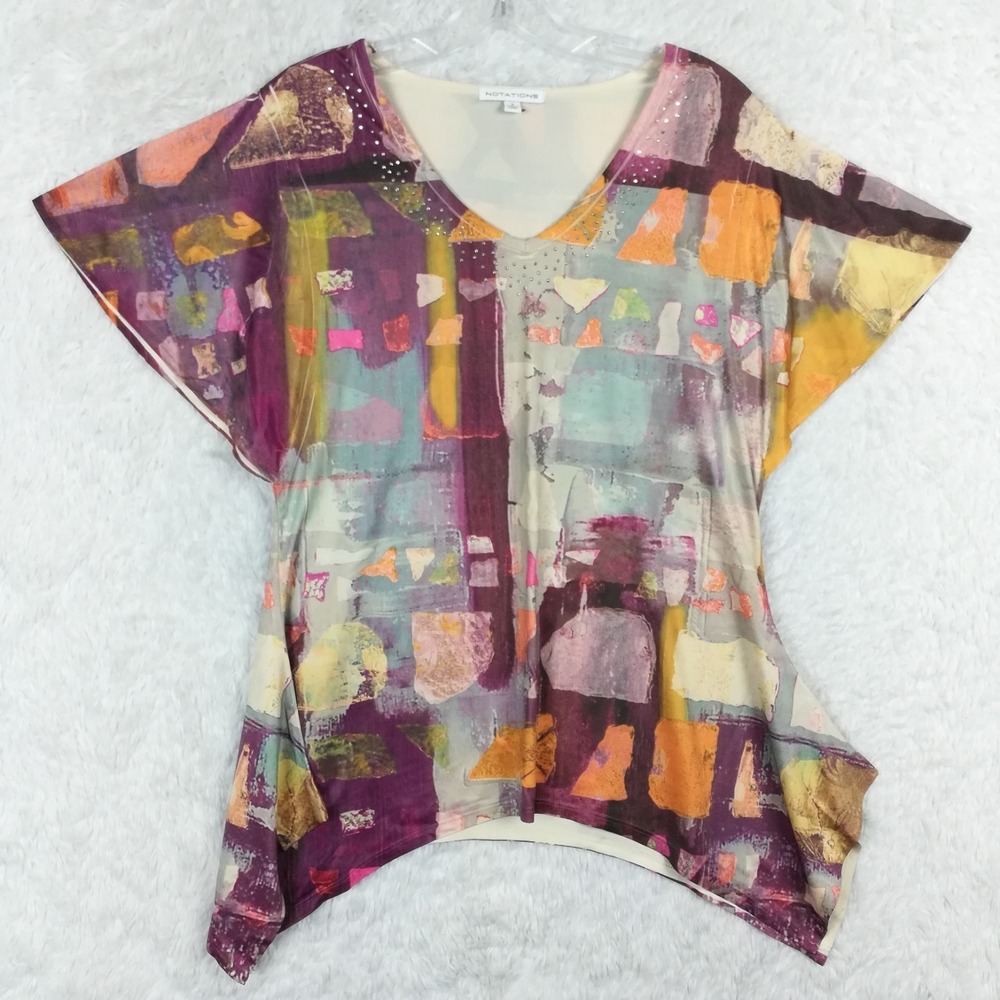 Notations Womens Top Blouse Flutter Sleeve Multi Abstract Print V Neck S